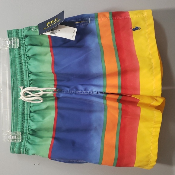 Polo Ralph Lauren NWT Green, Blue, Yellow Striped Swim Trunks, Small - Picture 1 of 6